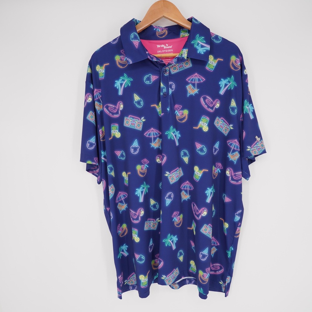 Birdie Bound Polo Shirt Men 2XL Blue Neon Print Golf Tropical Resort Performance